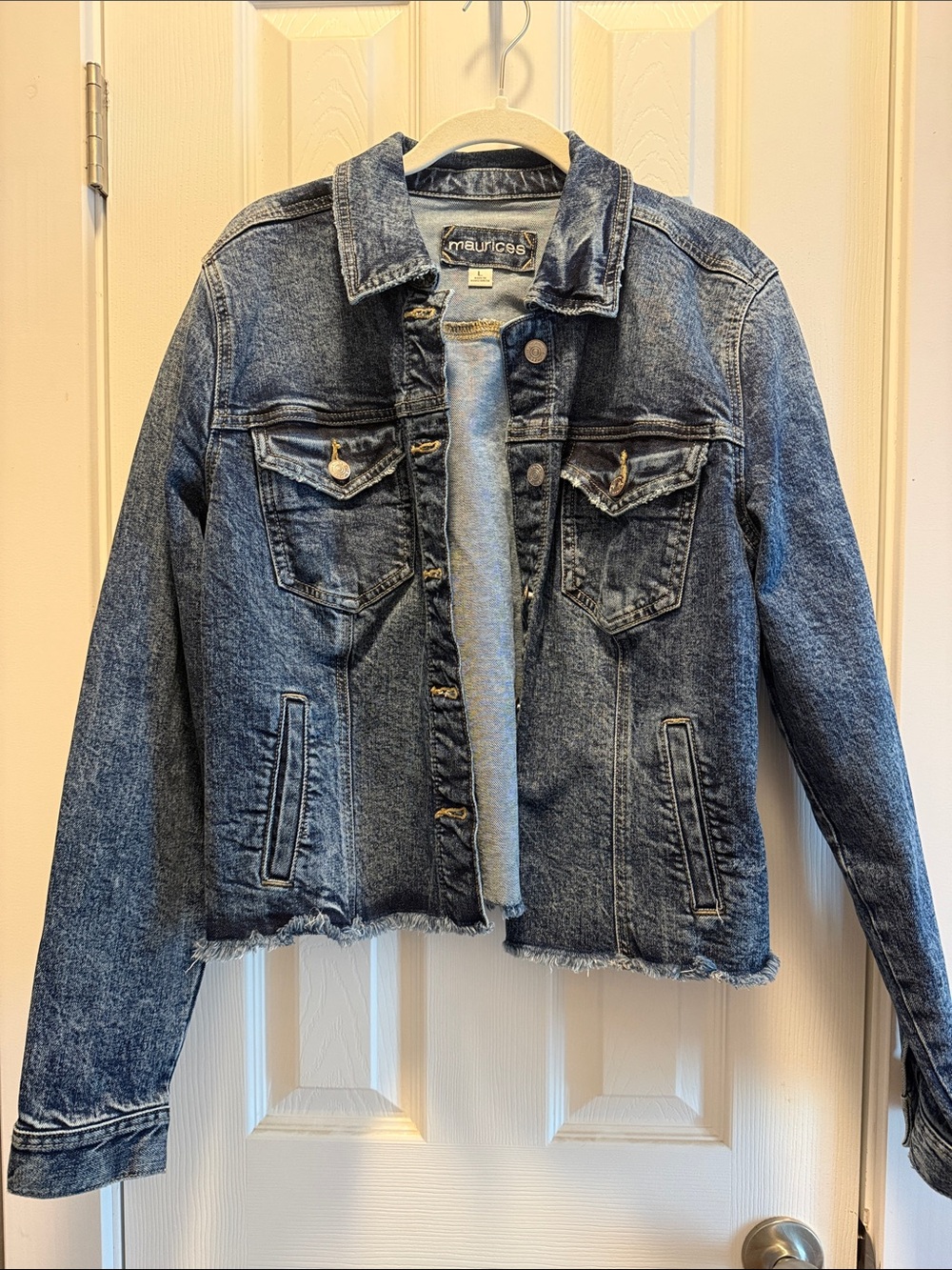Maurices Frayed Hem Denim Jacket in Washed Blue